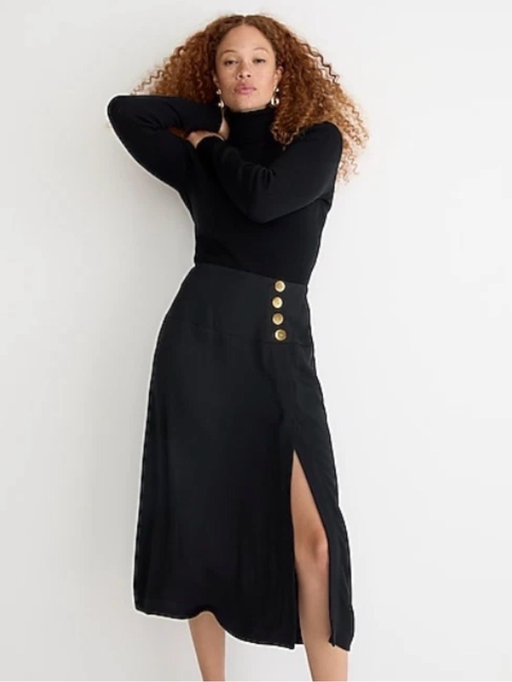 J.Crew Black Midi Skirt Side Slit Gold Button Detail Minimalist